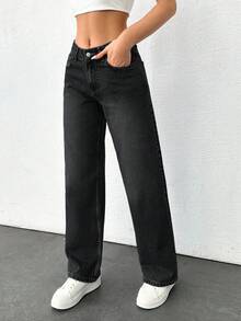 EURMUSE LOW RISE WIDE LEG CUT VINTAGE WASH Y2K STYLE JEAN Oversized Jeans Black Baggy Jeans Jeans Loose Jeans Wide Leg Jeans - Black - View 4