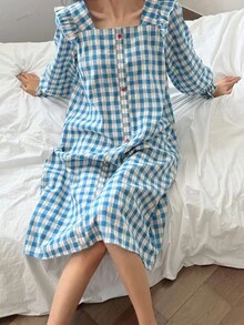 DAZY 可爱格子荷叶边方领长款女式睡袍，秋季睡衣 - 藍色 - 查看 1
