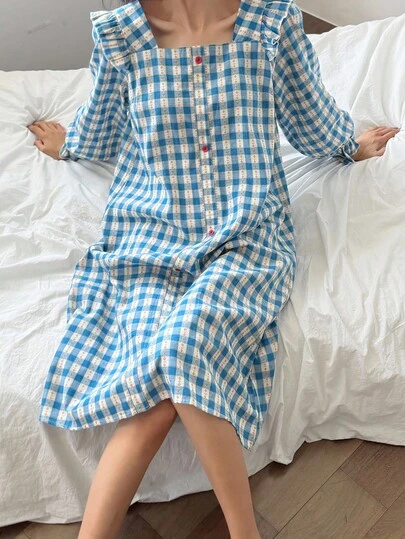 DAZY 可爱格子荷叶边方领长款女式睡袍，秋季睡衣