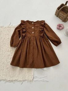 Loomiva Baby Girl Floral Print Ruffle Collar Long Sleeve Cinched Waist Dress, Thickened For Winter - Rust Brown - View 2