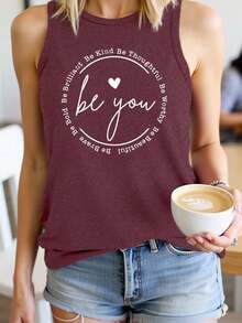 INAWLY 女士心形印花标语背心 大胆、聪明、善良、体贴、值得、美丽、勇敢、做你自己 - 酒紅色 - 查看 1