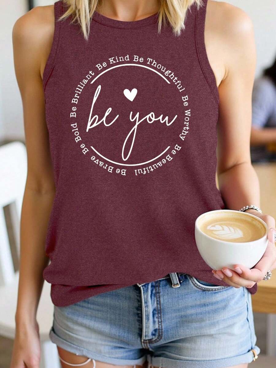 INAWLY 女士心形印花标语背心 大胆、聪明、善良、体贴、值得、美丽、勇敢、做你自己 - 酒紅色 - 查看 1