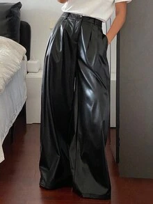 Livesso 女士休闲纯色PU皮革宽松长裤，适合日常穿着和商务场合 - 黑色 - 查看 3