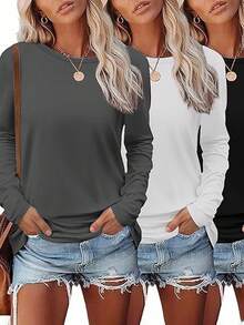 EMERY ROSE 1pc Women's Loose Fit Round Neck Long Sleeve Shirt, Casual Layering TopIn Fall/Winter - Multicolor - View 1