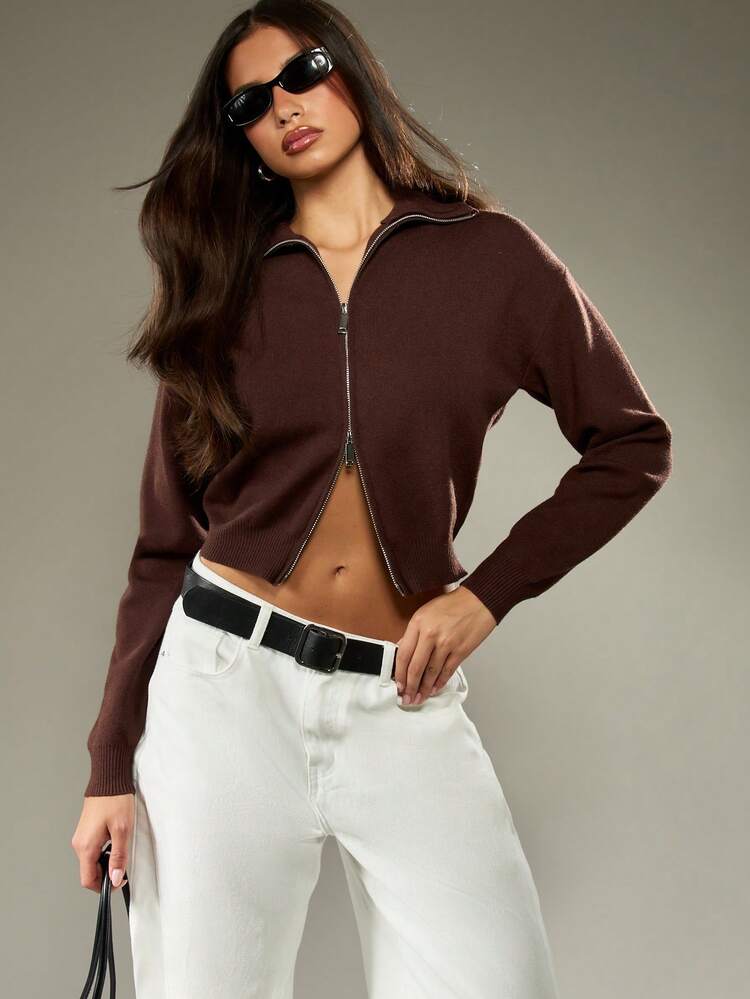 MISSGUIDED Women Knit Zip Through Cardigan Cropped Style High Neck Fall Winter Y2K Fashion Ribbed Hem Casual Streetwear Aesthetic Modern Basic Essential Daily Wear