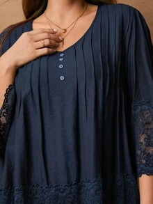 Rosumi 大码女装优雅休闲V领褶皱撞色蕾丝喇叭袖宽松优雅衬衫蓝色大码上衣大码波西米亚风上衣女装秋季服装大码秋季上衣女装波西米亚风服装 - 藏蓝色 - 查看 6
