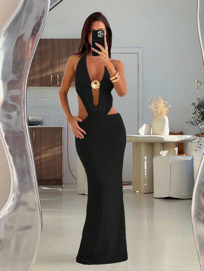 Aloruh Women's Vacation Deep V Starfish Solid Color Beige Textured Halter Backless High Slit Dress,Wedding Guest Dress,Party Dresses For Women