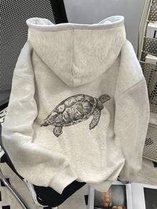 SHEIN Women's Casual Turtle Print Drop Shoulder Hoodie Sweatshirt, Autumn Fall Cloth For Women