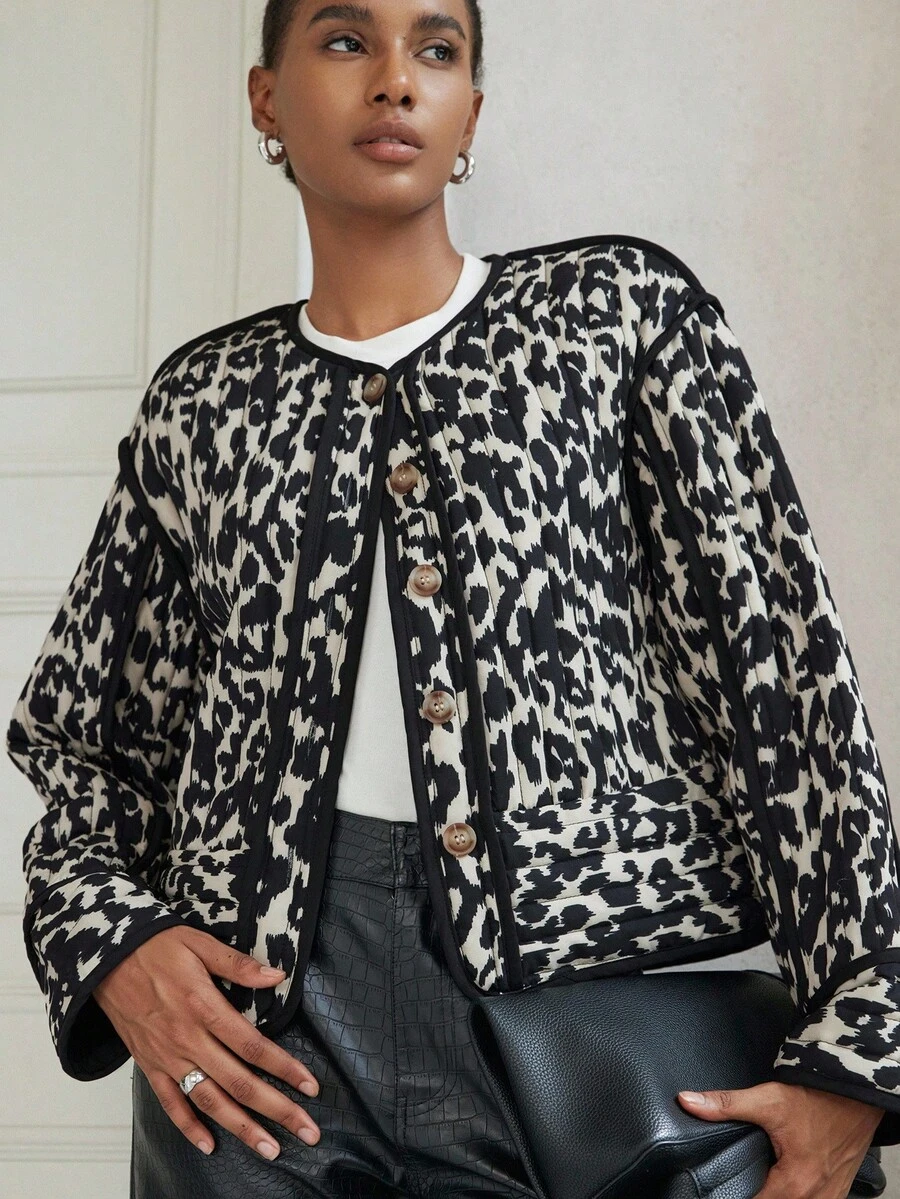 Aveloria Modichic Áo khoác ngắn cổ tròn họa tiết da báo đen trắng ngẫu nhiên, chần bông, phong cách cổ điển dành cho nữ - Nhiều màu - Xem 1
