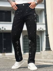 Manfinity LEGND 男士街头时尚十字水钻装饰口袋牛仔裤 - 黑色 - 查看 1