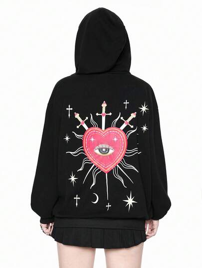 Goth Eye, Heart, Star & Pearl Decor Zipper Drawstring Hoodie, School, Long Sleeve Top For Graduation, Back To School, Women Teachers
