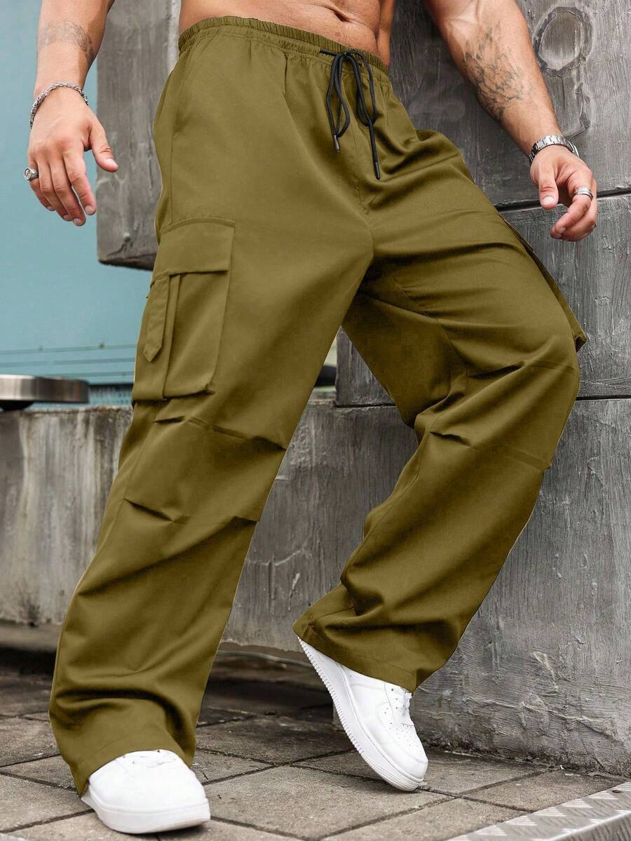 Manfinity Roughcore 秋季大码纯色抽绳腰时尚直筒工装裤 - 棕色 - 查看 1