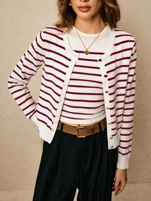 Poéselle 女士条纹印花圆领吊带背心和纽扣前长袖开衫套装秋冬 - 酒紅色 - 查看 8