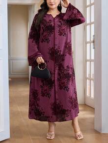 Al Najma 大码女式花卉印花V领长袖宽松阿拉伯风格长裙 - 駝色 - 查看 6