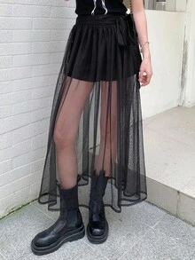 DAZY Falda transparente de unicolor con malla y efecto vaporoso para mujer - Negro - Ver 6
