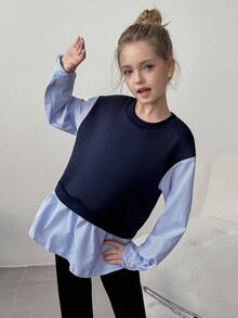 Tween Girls Striped Patchwork Ruffle Hem 2 In 1 Sweatshirt Fall Winter