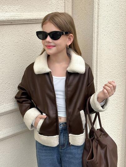 SHEIN Serisse Kids Chaqueta de motociclista para niña preadolescente de otoño/invierno con forro térmico de compuesto de PU, cuello de contraste de color, adecuada para otoño/invierno, uso diario