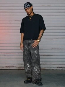 AXEPEAK Men's Washed Loose Casual Rhinestone Embellished Pants - Black - View 5