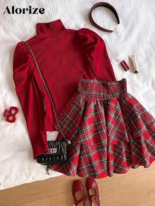 Sparklyn 2 件套青少年女孩休闲圣诞新年红色 T 恤和红色格子裙秋冬 - 紅色 - 查看 4