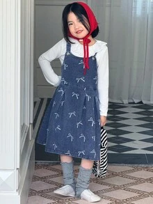 Genkimix Kids 2 件套少女荷叶边领口装饰纯色 T 恤 + 蝴蝶印花时尚牛仔背带裙套装 - 白色 - 查看 4