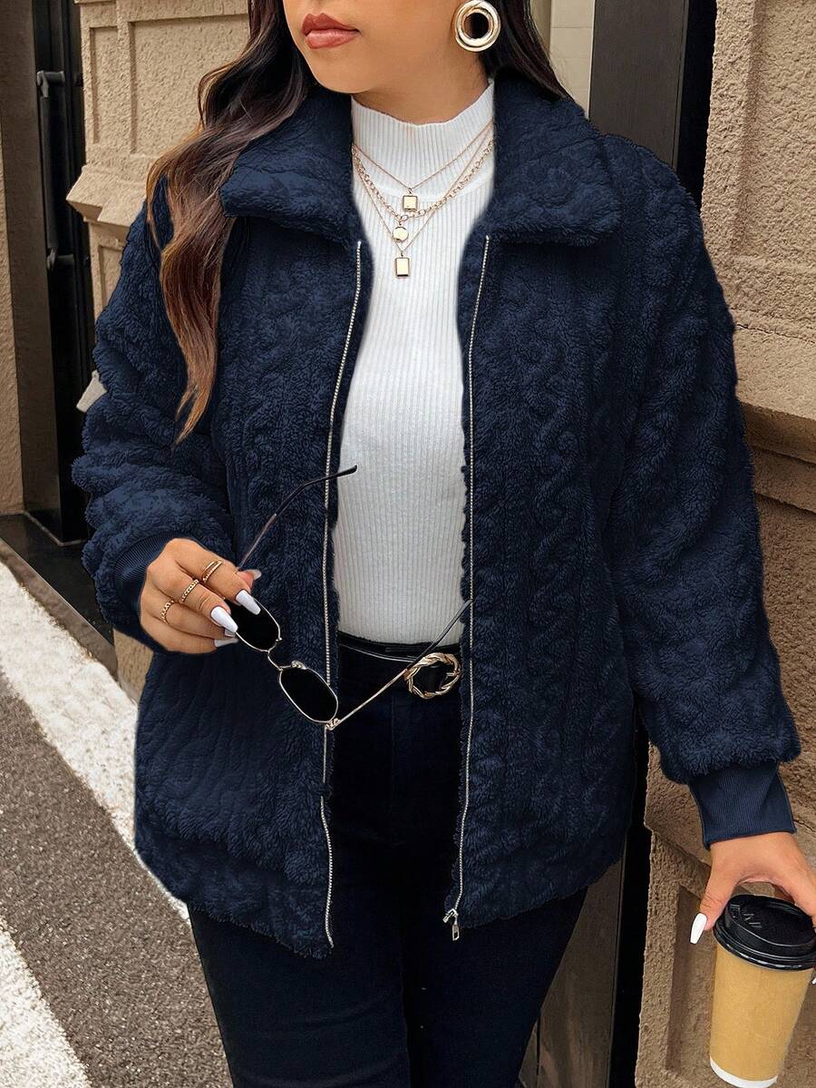 SHEIN Frenchy 大尺碼女款休閒簡約毛茸茸長袖外套,冬季 - 藏蓝色 - 查看 1