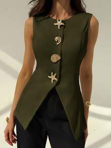 Aloruh Sleeveless Round Neck Minimalist Office Commute Blazer Jacket For Women With Metal Decor In Fall/Winter - Army Green - View 1
