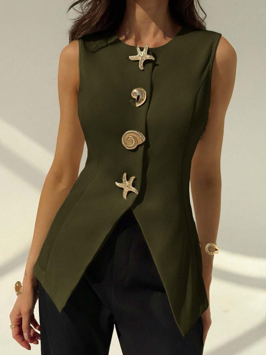 Aloruh Sleeveless Round Neck Minimalist Office Commute Blazer Jacket For Women With Metal Decor In Fall/Winter - Army Green - View 1