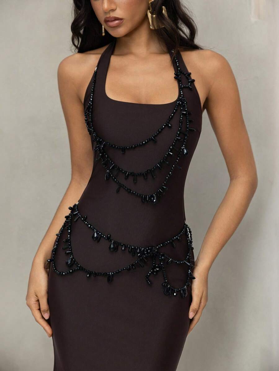 Vowa 优雅手工串珠方领紧身连衣裙，适合宴会、派对、商务活动等场合