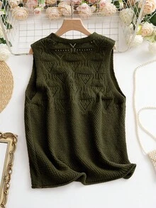 SHEIN LUNE 女式双口袋单排扣针织背心 - 軍綠色 - 查看 2