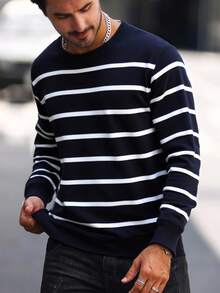 Manfinity Homme 男士 Old Money 休闲条纹圆领毛衣，秋季男士长袖毛衣，冬季 - 彩色 - 查看 4