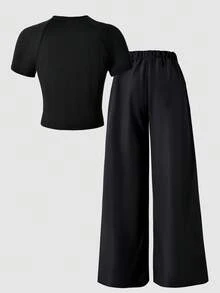 SHEIN 少女休闲T恤和裤子两件套，胸前印有白色星星图案，白色装饰抽绳，适合散步、购物、上学、演唱会穿着 - 黑色 - 查看 8