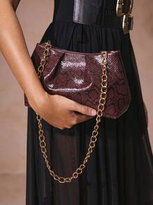 SHECARRY 女士蛇皮纹时尚日常通勤大容量单肩包 - 酒紅色 - 查看 1