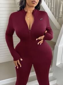 SHEIN SXY 加大码女式性感基本款紧身长袖 V 领拉链连体衣，适合购物、街头服饰、外出、易于搭配且看起来修身，凸显女性身材 - 酒紅色 - 查看 1