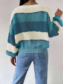 EMERY ROSE Casual Colorblock Striped Cropped Sweater, Autumn/Winter Fall Cloth For Women - Multicolor - View 2