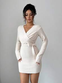 Elenzga Vestido de punto elegante de manga larga con escote en V profundo y lazo para mujer - Albaricoque - Ver 4