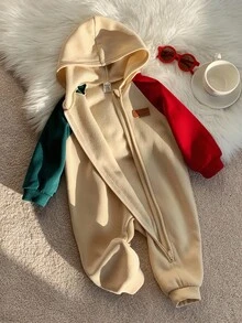 SHEIN 新生儿男女通用圣诞撞色针织连帽长袖连体衣，秋冬季婴儿服装 - 彩色 - 查看 5