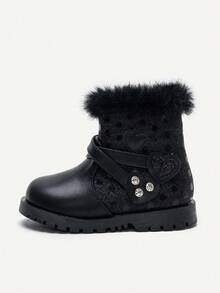 SHEIN 1 双时尚可爱毛绒心形装饰舒适耐用女婴踝靴，秋冬款 - 黑色 - 查看 7