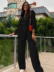 Cottnline Cotton Flap Pocket Drop Shoulder Drawstring Waist Blouse & Pants - Black - View 4