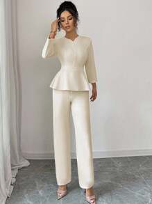 Elenzga Women's Fashion Commuter Elegant 3/4 Sleeve Cinched Waist Umbrella Hem Round Neck Cutout Collar Blouse Paired With Suit Pants, 2 Pieces Casual Outfit Set