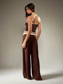 MISSGUIDED Soft Touch Wide Leg Lounge Set With Contrast Trim Cami Top And High Rise Pants Luxurious Comfort Leisure Wear Coordinated Pajama Set - Coffee Brown - View 2