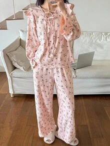 DAZY Ditsy Floral Ruffle Hem Women Pajama Set, Fall Clothes - Pink - View 3