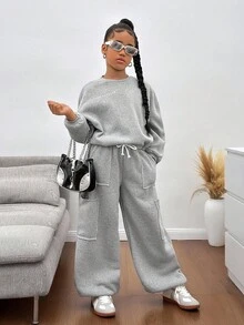 SHEIN 青少年女孩宽松休闲百搭反光印花套头连帽衫和抽绳下摆运动裤套装 - 淺灰色 - 查看 4