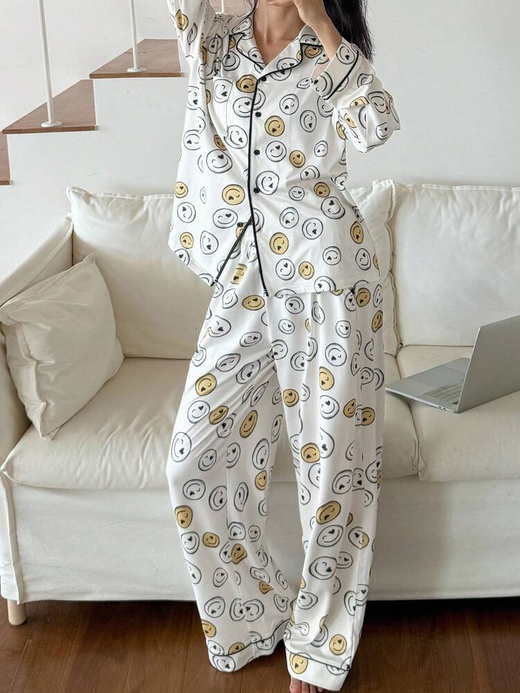Allover Print Loose Women Pajama Set, Fall Clothes
