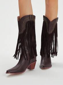 Styleloop CUCCOO 女式尖头粗跟流苏铆钉西部中筒靴 - 咖啡棕 - 查看 5