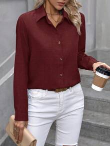 EMERY ROSE Women's Casual Solid Color Front Button Long Sleeve Shirt, Autumn - Burgundy - View 4