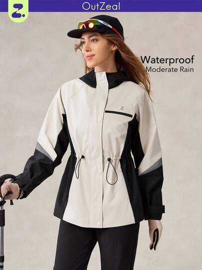 OutZeal Chaqueta impermeable para mujer con cordón en la cintura, bolsillos con cremallera y tiras reflectantes en bloques de color para actividades al aire libre, senderismo y camping en otoño e invierno