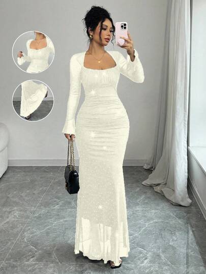 Rafferiza 优雅派对不对称领口褶皱前侧紧身美人鱼下摆长袖喇叭袖口连衣裙，女士黑色，秋冬，提花针织网眼面料搭配银箔超长女装