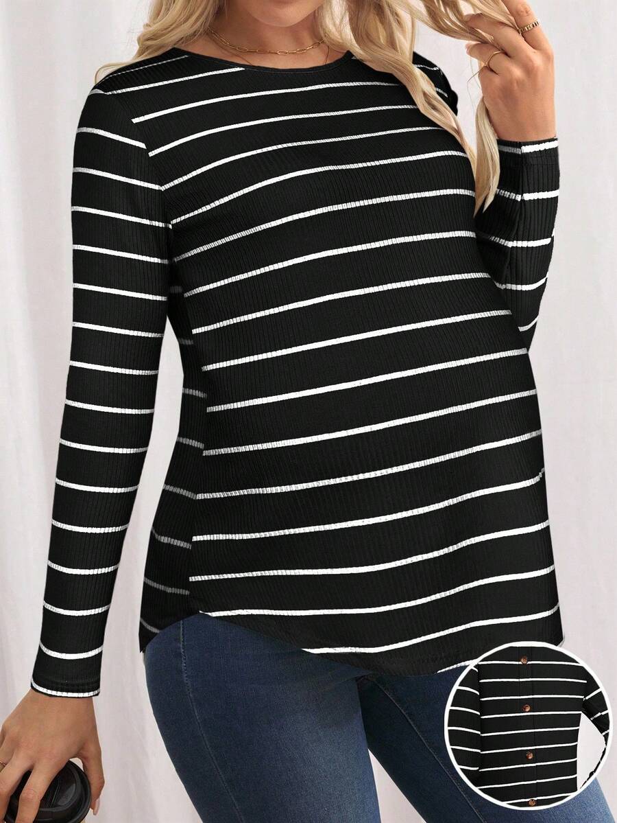 SHEIN Camiseta de maternidad con rayas, manga de mariposa con botones en la espalda y bajo curvo, otoño - Negro - Ver 1