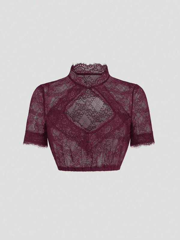 Fairmaia Traditionelles deutsches Damen Top mit Stehkragen, Spitze und ausgeschnittenen Ärmeln