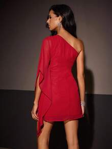 Glamance BiGraphic Women's Solid Color Asymmetric Shoulder Ruffle Hem Short Dress Going Out Party Dress Elegant Dress Winter - Burgundy - View 5